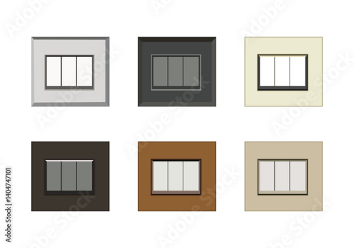 Set of six square modern electric switches with different frame colors on a white background