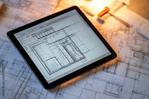 Modern Architect’s Desk Featuring BIM Interface and Technical Drawings Under Warm Lighting

