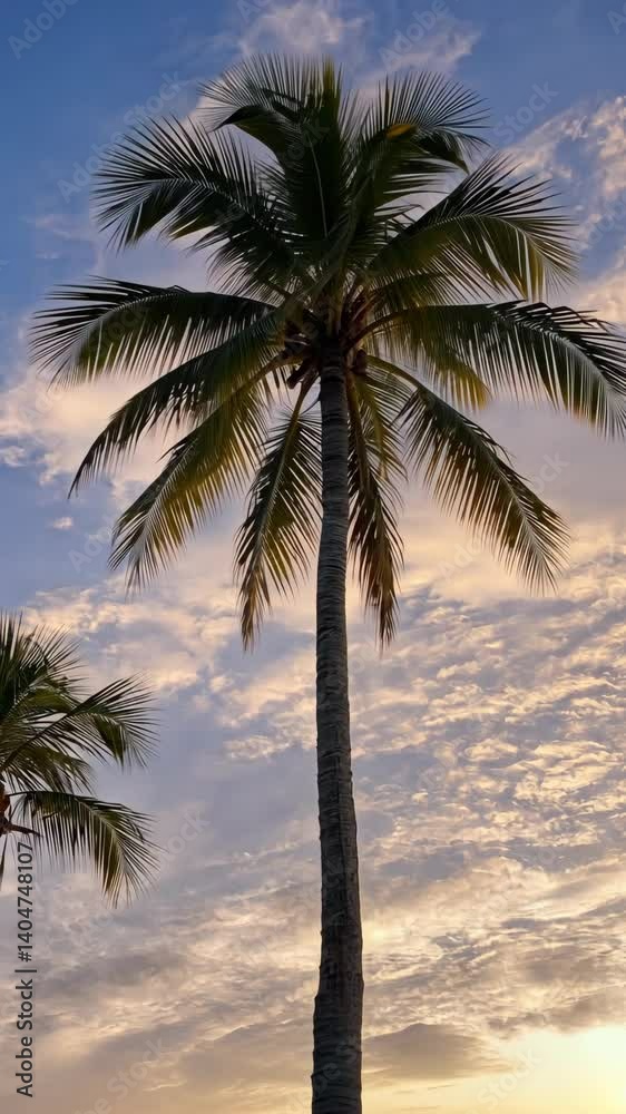 Tropical palm trees reach towards a sky filled with sunset clouds during twilight hours in paradise, vertical composition Tropical palm trees reach towards a sky filled with sunset clouds during twilight hours in paradise, vertical composition