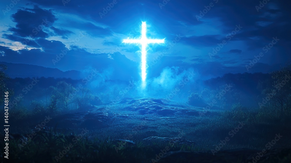 Fototapeta premium Glowing Cross in Night Landscape