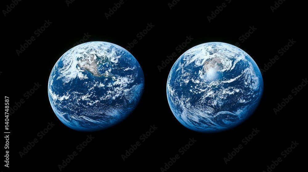 Two overlapping Earths depict spiritual energy combating darkness on Earth Day Two overlapping Earths depict spiritual energy combating darkness on Earth Day