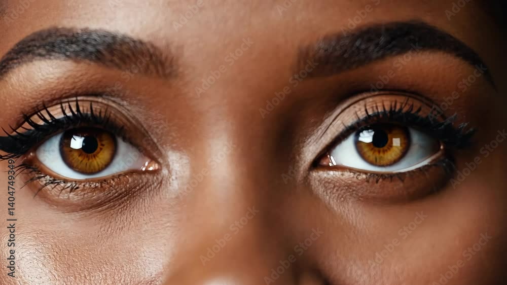 Close-up of golden brown eyes with defined eyebrows and black eyeliner on a dark skin woman staring straight ahead looking attractive