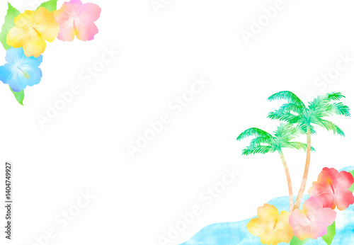 カラフルなハイビスカスとヤシの木の南国風フレーム。楽しい南の島の旅行をイメージした水彩タッチのイラスト。