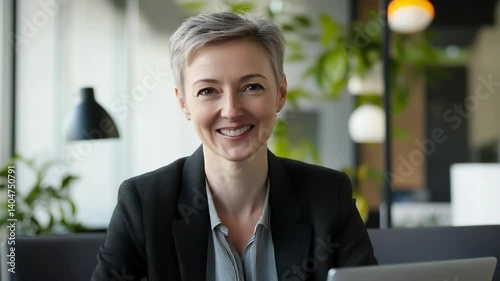 Confident professional woman smiling directly at the camera during a video conference