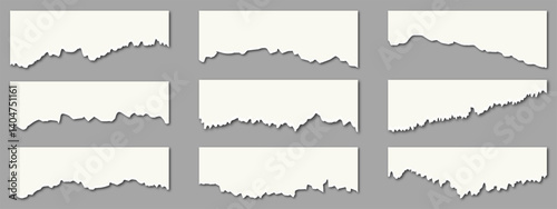 Torn sheets of paper. Torn paper strips set. Light beige paper shapes with jagged uneven edges. Ripped fragments for message label, banner, collage and text box, Vector 10 eps.