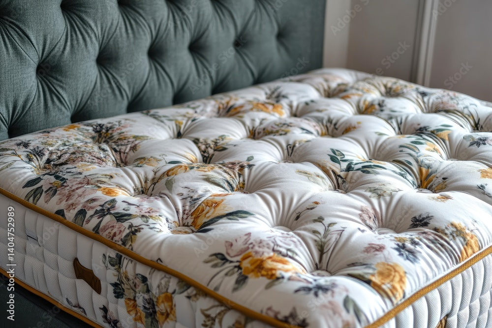 Floral Patterned Mattress with Tufted Headboard in Bedroom