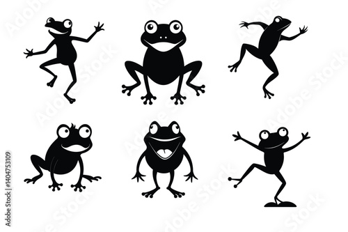 Collection of Six Playful Frog Silhouettes Perfect for Kids' Designs, Stickers, and More!
