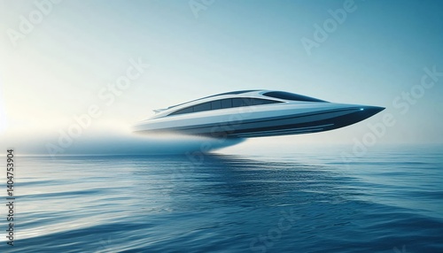 A modern hydrofoil speeding across blue ocean water, leaving a white trail, sunny weather, minimalistic style, side view