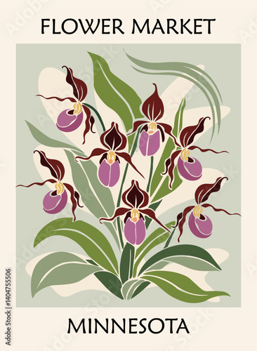 Abstract Flower Market Minnesota poster. Trendy botanical wall art with Ladys slipper, Orchid flowers. Modern naive groovy funky interior decoration, painting. Vector art illustration