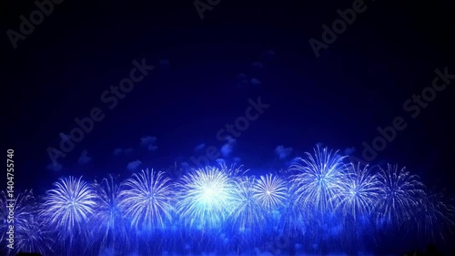 Experience the thrill of vibrant blue fireworks exploding in rapid succession, illuminating the night sky with a dazzling display of light and electric energy from below.
