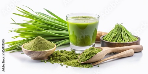 Green Superfood Elixir: A refreshing glass of vibrant green juice sits amidst bowls of nutrient-rich powder and fresh sprouts, showcasing the wholesome goodness of nature's bounty.