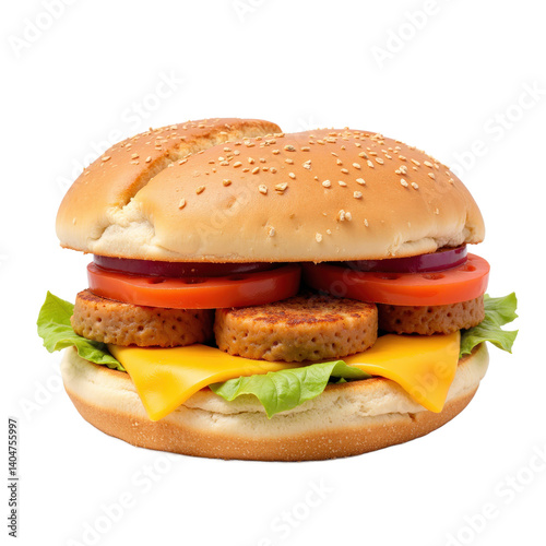 A delicious-looking burger with two meat patties, cheese, lettuce, tomato slices, and ketchup on a sesame seed bun.