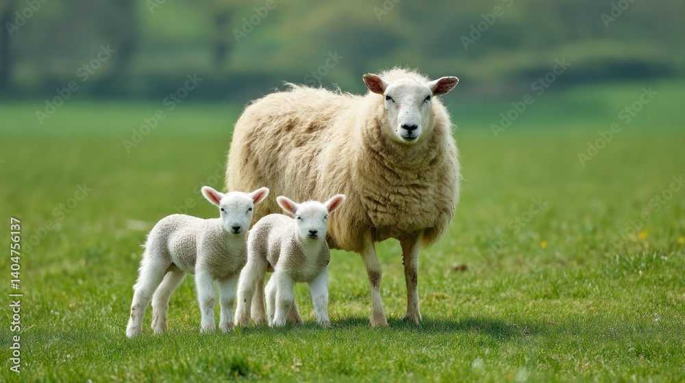Obraz premium Ewe and Lambs in a Pastoral Spring Scene