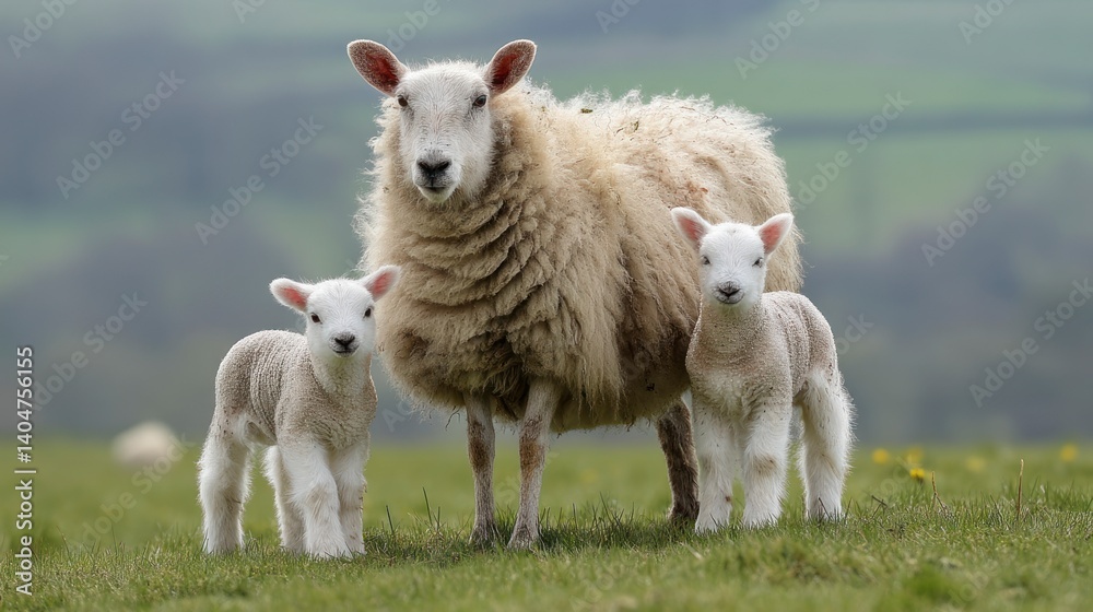 Ewe and Two Lambs: A Pastoral Springtime Scene Ewe and Two Lambs: A Pastoral Springtime Scene