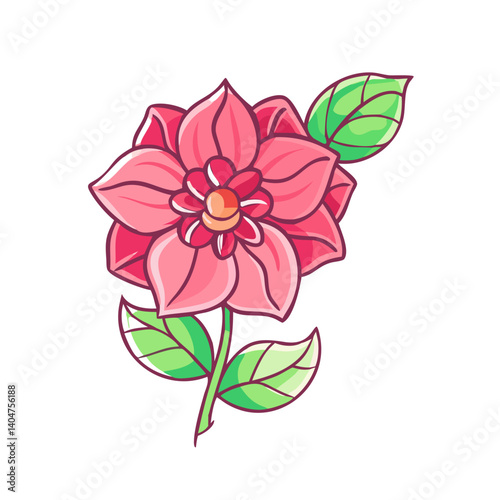 Beautiful Pink Flower with Green Leaves Delicate Botanical Illustration