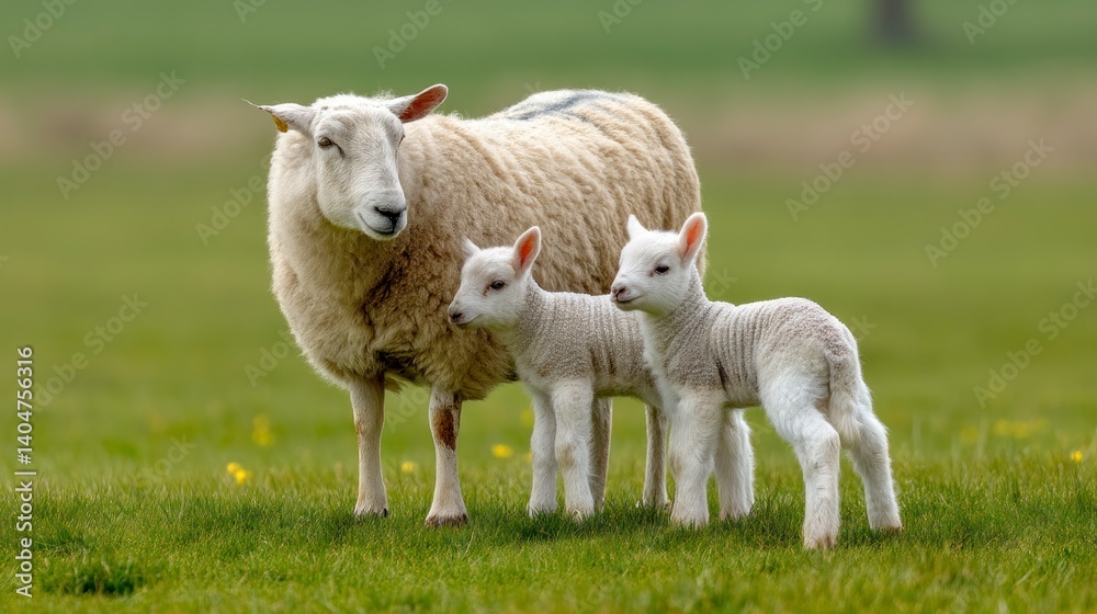 Mother Sheep and Two Lambs in Spring Pasture: A Pastoral Scene Mother Sheep and Two Lambs in Spring Pasture: A Pastoral Scene