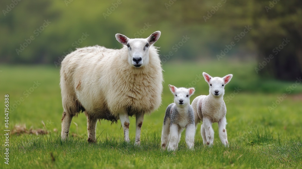 Serene Ewe and Lambs in a Verdant Pasture: A Pastoral Scene Serene Ewe and Lambs in a Verdant Pasture: A Pastoral Scene