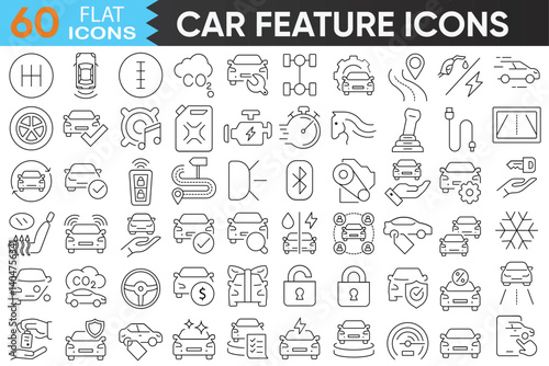 Car Features Line Icons Set — Vehicle Technology, Driving Assistance, Engine, Safety & Navigation Symbols. Editable Stroke Vector Illustration