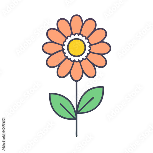 A Simple Illustration of a Peach Colored Flower with Green Leaves and Yellow Center