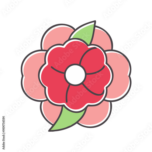 A charming illustration of a stylized flower with pink petals and a red center blossom