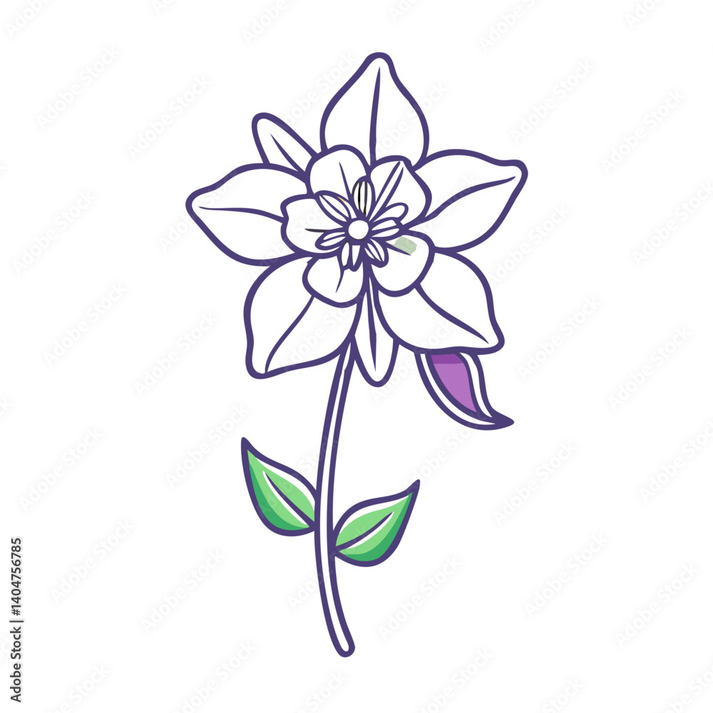 A Delicate Drawing of a Single Columbine Flower with Green Leaves and Purple Accents A Delicate Drawing of a Single Columbine Flower with Green Leaves and Purple Accents
