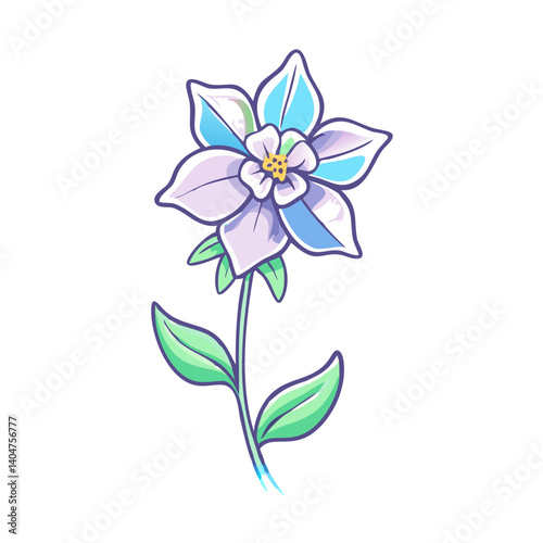 Delicate Blue and Purple Flower with Green Stem and Leaves Botanical Illustration