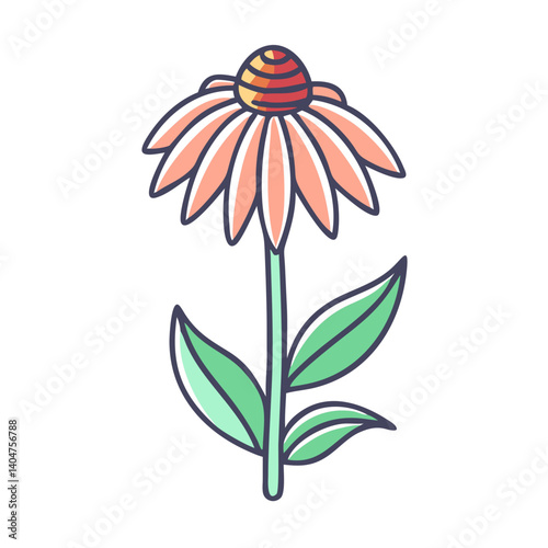 A Delicate Pink Coneflower with Lush Green Leaves Botanical Illustration