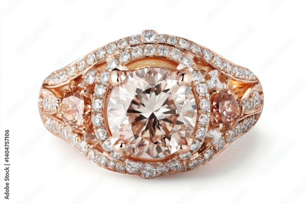 Fototapeta premium Rose gold diamond ring close up on white background 