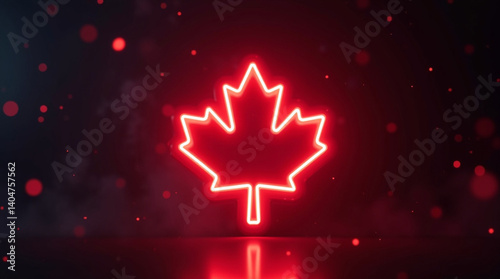 Glowing Neon Canadian Maple Leaf A vibrant symbol of Canada brilliantly illuminated against a dark background with red neon light creating a striking and symbolic image
