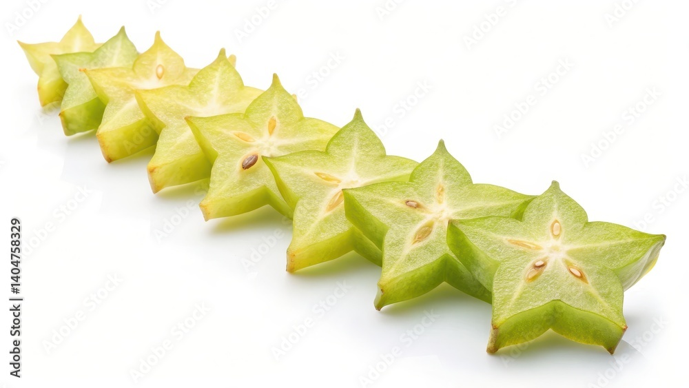 Fototapeta premium Star Fruit Slices: A vibrant arrangement of fresh star fruit slices, showcasing their unique star shape and juicy, tropical essence, perfectly aligned to entice and delight.
