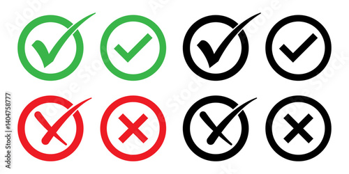 A set of vector icons showing checkmarks and crosses in green, red, and black. Includes circular approval and rejection symbols, perfect for UI, forms, alerts, and feedback indicators. Icons, vector.