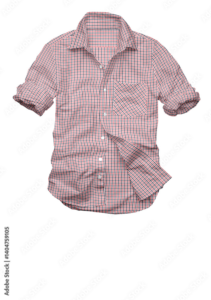  Isolated on a white background, a casual plaid shirt, a classic garment of cotton fabric, showcases its timeless style and design