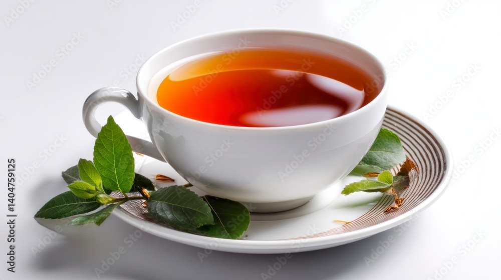 Aromatic Tea: Warm Brew in White Cup with Fresh Leaves Aromatic Tea: Warm Brew in White Cup with Fresh Leaves
