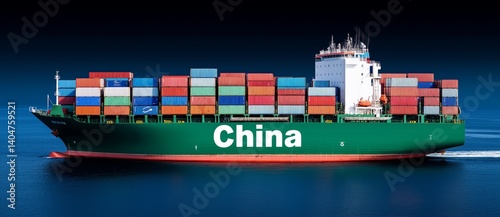 TAX War tariff concept. Giant cargo ship labeled China stopped by US authorities