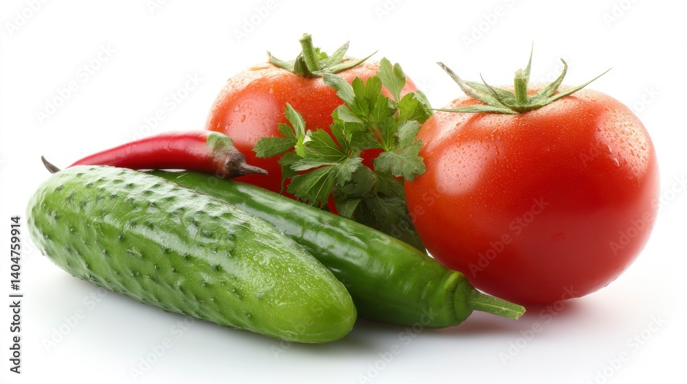 Juicy Tomatoes, Crisp Cucumber, and Vibrant Peppers: A Fresh Still Life Juicy Tomatoes, Crisp Cucumber, and Vibrant Peppers: A Fresh Still Life