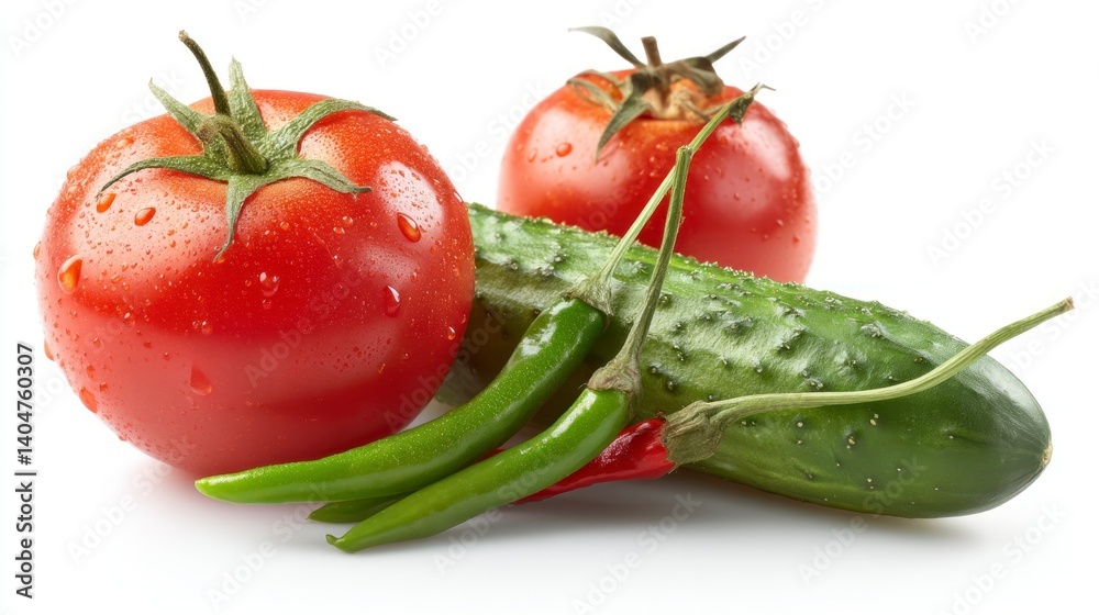 Juicy Tomatoes, Crisp Cucumber, and Spicy Chilies: A Vibrant Still Life Juicy Tomatoes, Crisp Cucumber, and Spicy Chilies: A Vibrant Still Life