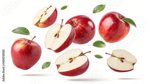 Floating Freshness: A vibrant collection of juicy, crisp red apples and slices with scattered fresh green leaves floating in mid-air, creating a dynamic composition.