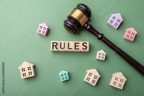 Wooden blocks and a house model arranged with rules on a green background, showcasing a playful and educational setup