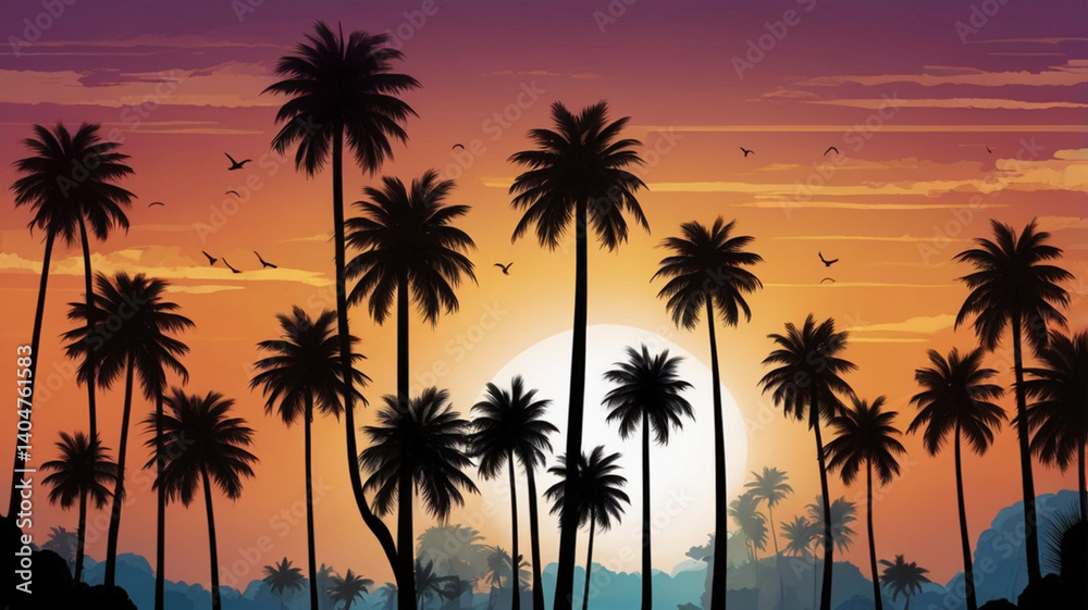 Obraz premium Tropical Palm Tree Silhouette at Sunset – Serene Island Landscape