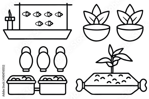 Adobe Illustrator Artworkaquaponics system line art featuring tilapia and lettuce