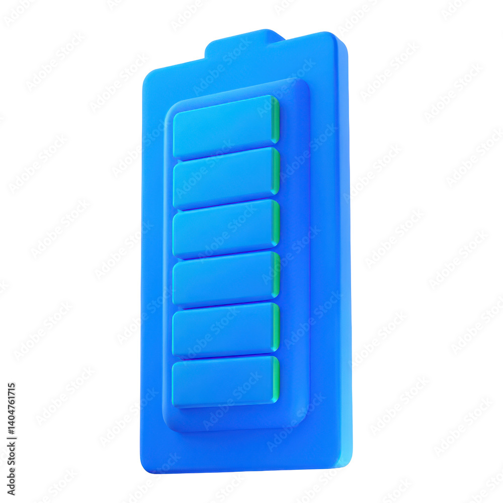 A blue battery icon with five segments indicating charge level, designed to represent energy or power status. A blue battery icon with five segments indicating charge level, designed to represent energy or power status.