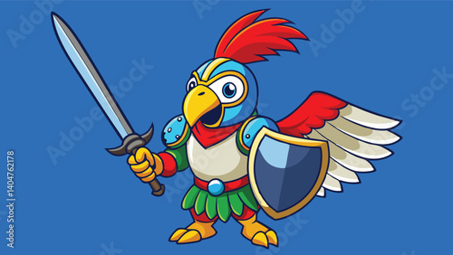 Illustrator Artwork of a brave parrot knight wearing an armor and holding a sword and a shield