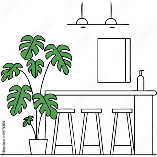 Modern minimalist kitchen bar with stools and plant.