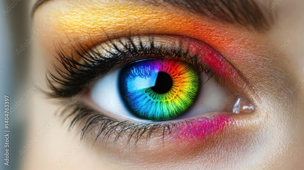 Close-up of a Colorful Eye with Vibrant Rainbow Makeup and Stunning Detail in a Blur Background Close-up of a Colorful Eye with Vibrant Rainbow Makeup and Stunning Detail in a Blur Background