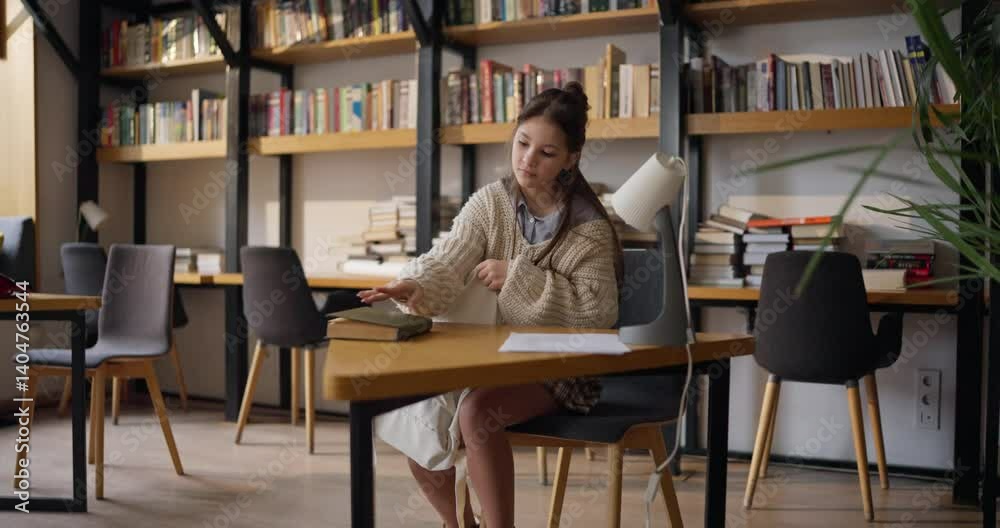 Woman is sitting at a desk in a library with a book in front of her Woman is sitting at a desk in a library with a book in front of her
