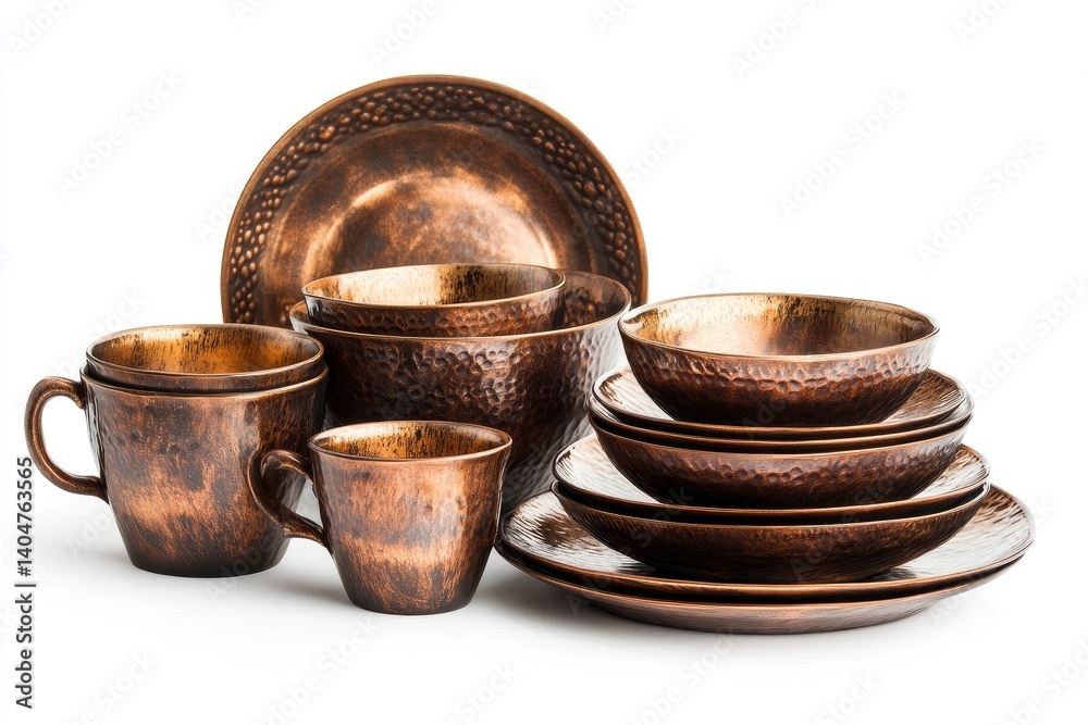 Arrangement of Bronze Colored Dishes on White Background Arrangement of Bronze Colored Dishes on White Background