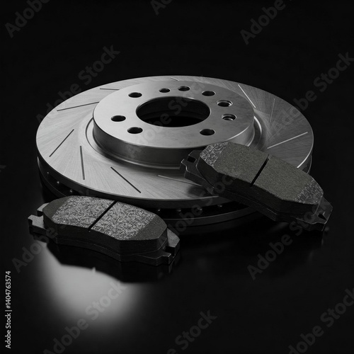 new car brake rotors and brake pads on a black background photo