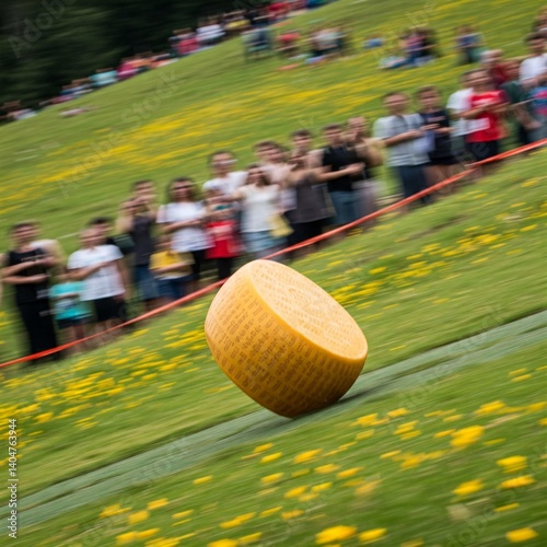 blurry background of people watching a cheese roll down a hill with a wheel of cheese in the foreground photo