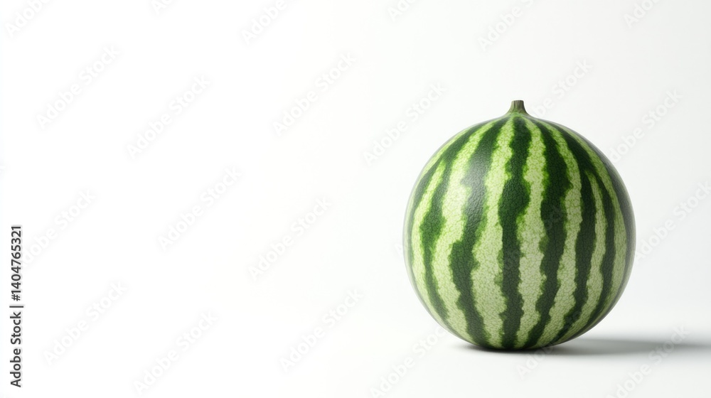 Whole Watermelon with Green Rind and Light Green Stripes Isolated on White Background