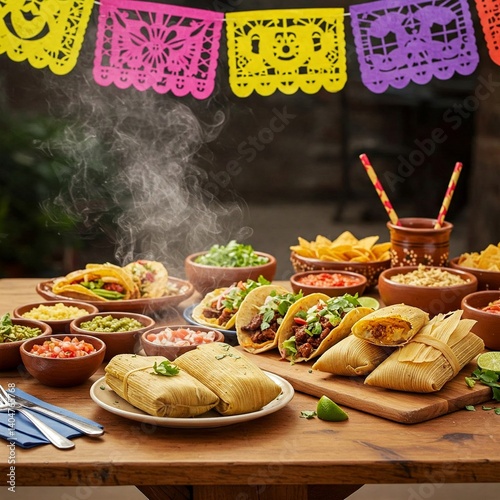 traditional mexican food feast with tamales tacos and side dishes on wooden table with colorful paper flags and steam rising from the tamales